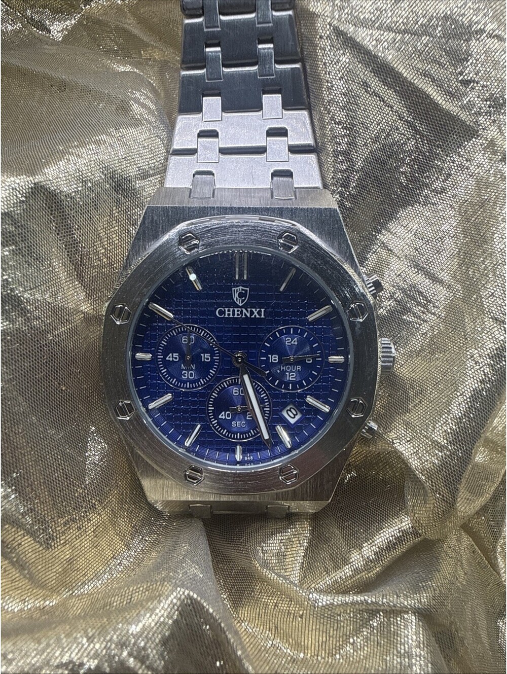 Chenxi CX 948 Quartz Chronograph Watch Mens Blue Waffle Dial Royal Oak Homage